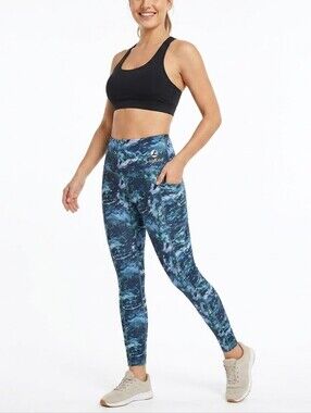 LegEnd Active Blue Green Marble Print High Waisted Pocket Leggings Small